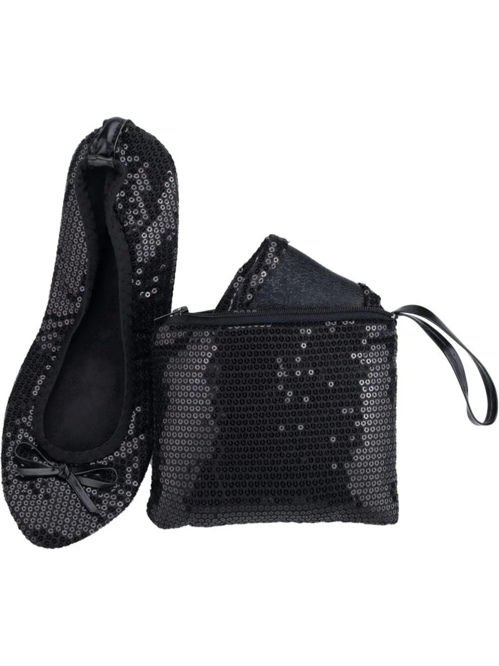 Women's Black Sequin Fit in Your Purse Round Toe Foldable Ballet Flat Shoes